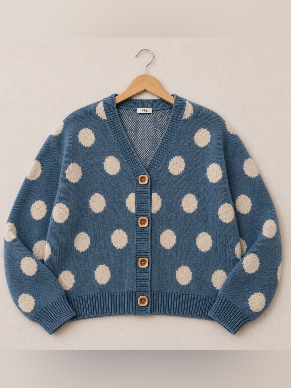 Pol Oversized Blue Polka Dot Button‑Front Cardigan Sweater